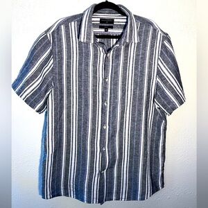 Banana Republic Slim Fit Mens XL Gray & Blue Striped Linen Casual Preppy Shirt